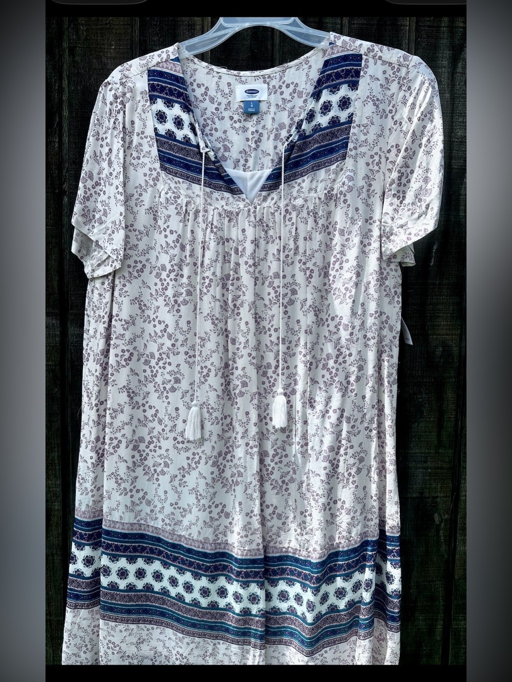 #B-28 Old Navy Cream Floral Peasant Short Dress with Blue Trim Sz Large